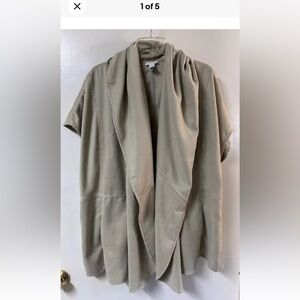 Chicos Open Front Cardigan Neutral Lagenlook Size 2 Pockets Short Sleeve